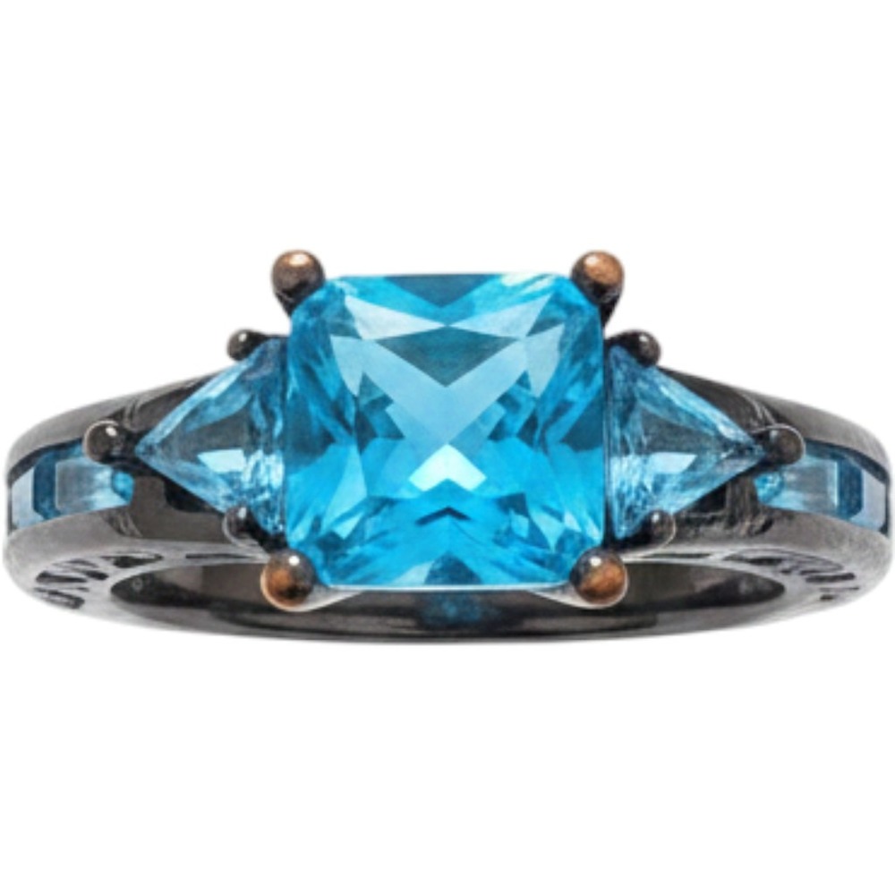 925 Sterling Silver Black Plated Blue Stone Gothic Three Stone Ring Size 7.25